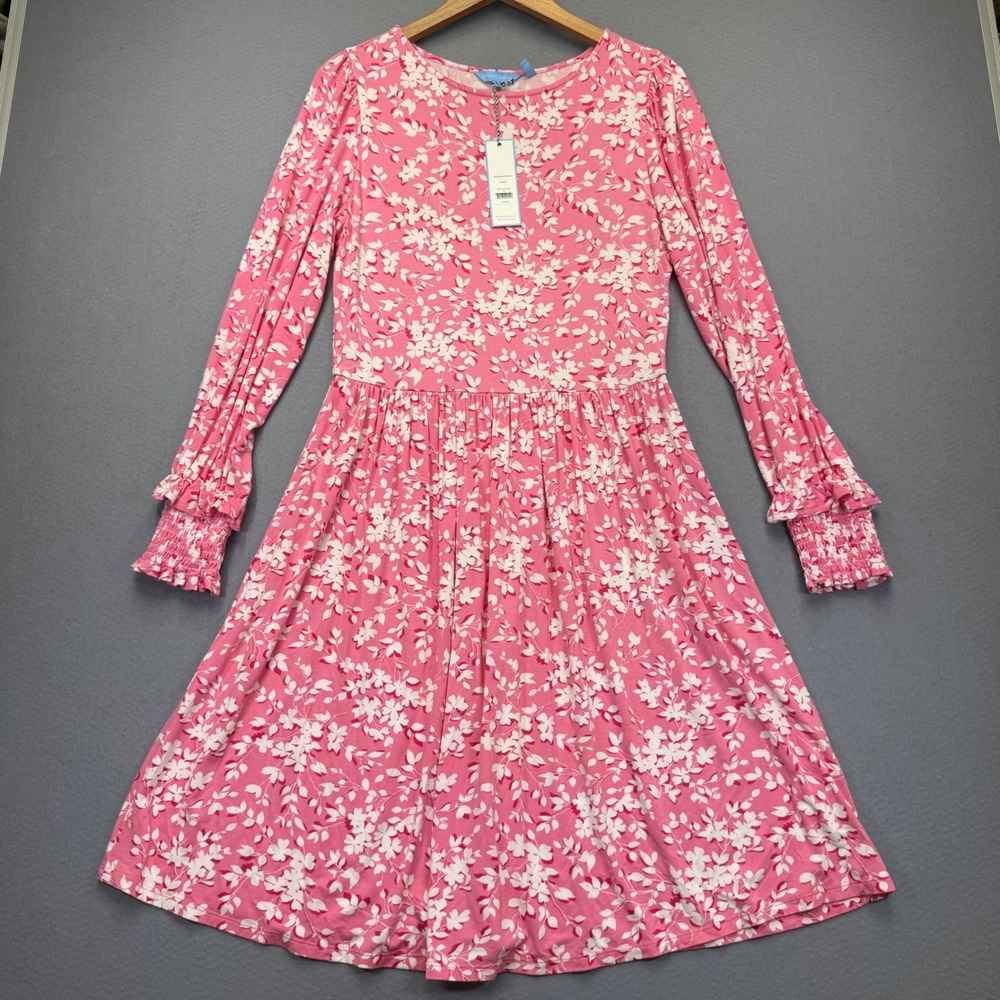 Draper James Boatneck Kitty Dress Pink Shadow Floral Smocked Cuff DRK0658 M